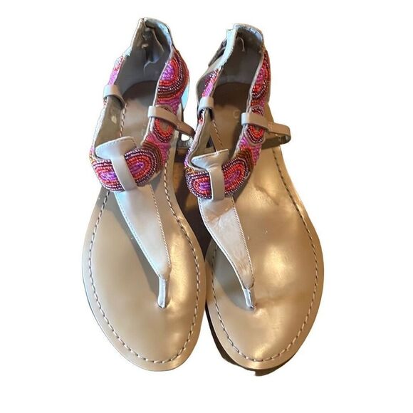 Guess 7 Pink Tan Beaded Embellished T-Strap Flip Flop Sandals Boho Festival - Picture 2 of 8